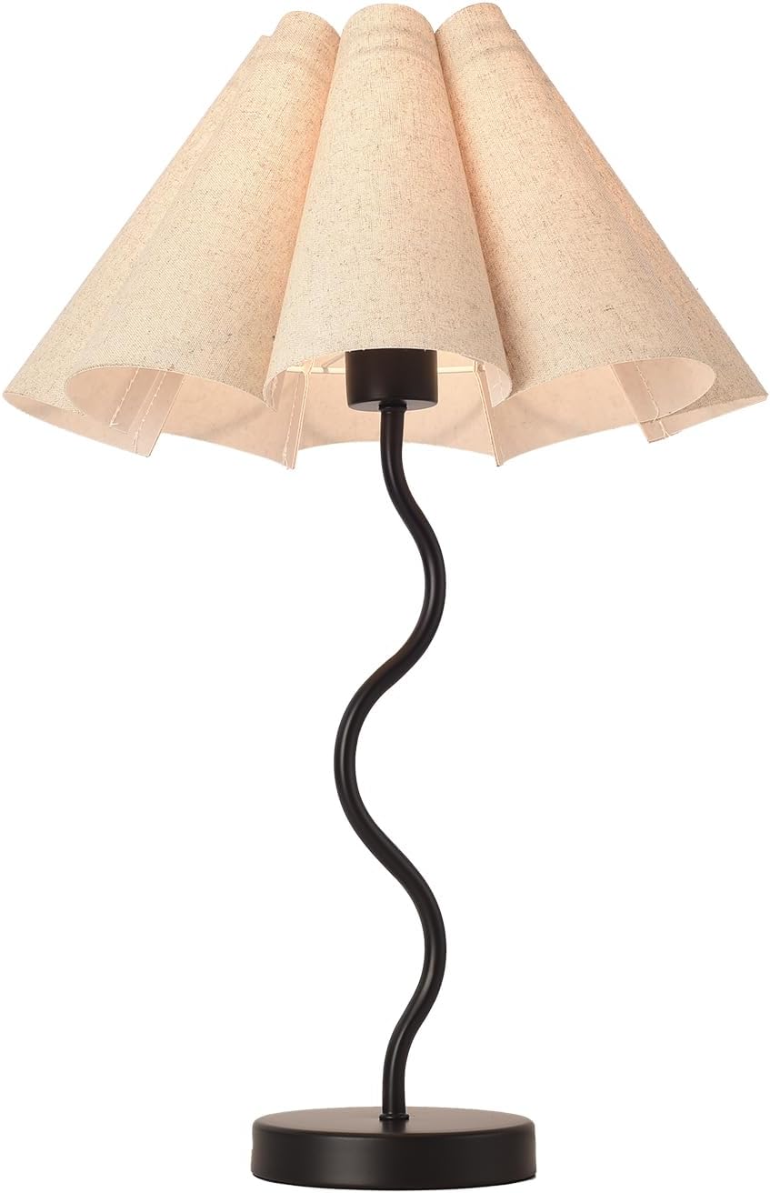 KUNJOULAM Small Table Lamp, Bedside Nightstand Lamp with Umbrella Form Fabric Lampshade Black Base, Morden Mini Desk Lamp for Bedroom Home Office Decor