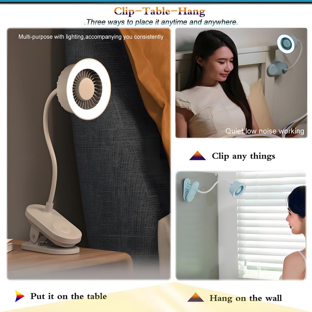 Portable LED lamp 2 in 1 more functions clip on fan,hanging,desktop, 4.5W 3 gears wind speed,2 gears brightness lighting,touch button rechargeable for reading, bed room,camping (light cyan)
