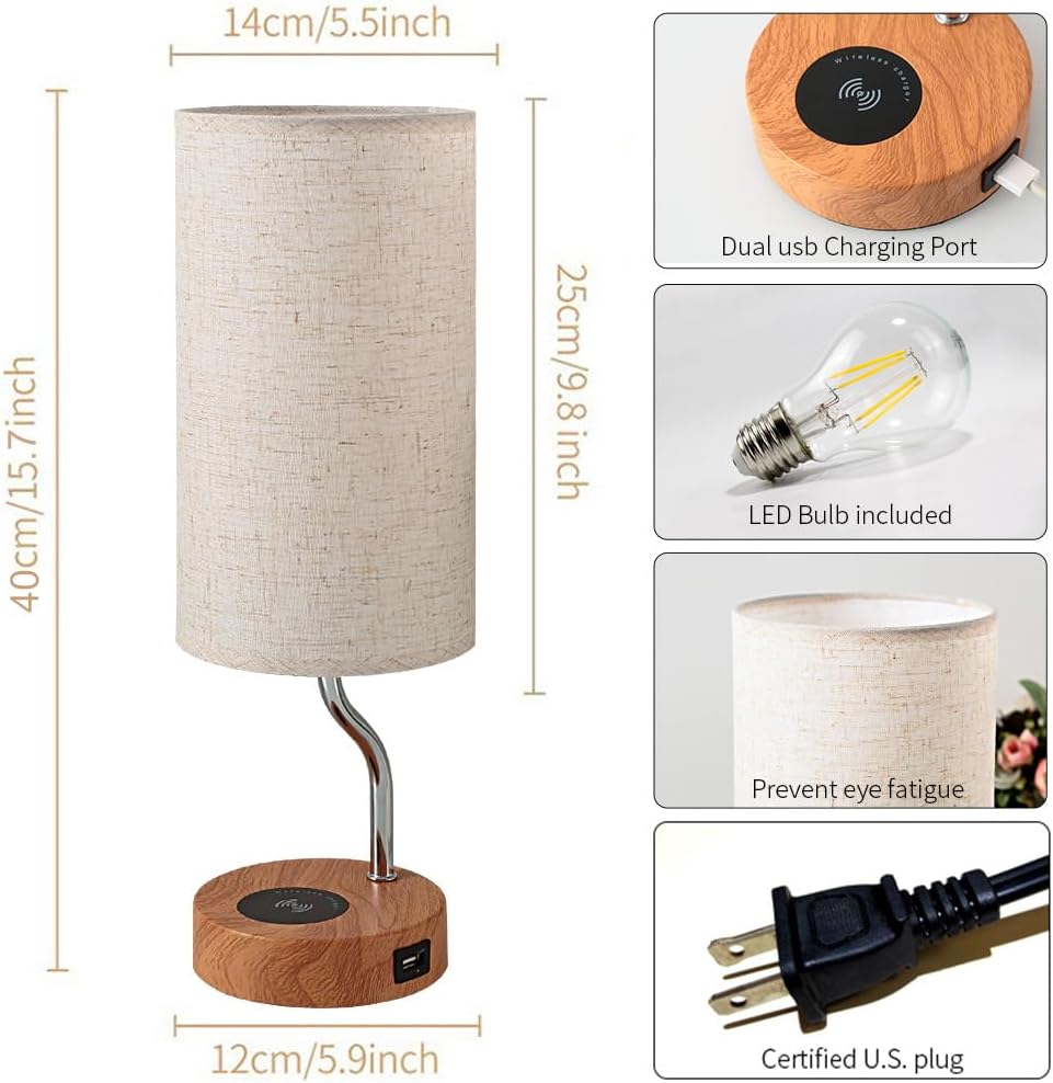 Bedside Table Lamp with Wireless Charger & USB Port - Touch Control LED Desk Lamp for Bedroom, 3-Way Dimmable Wooden Nightstand Lamp with Fabric Shade for Living Room, Kid's Room, Dorm, or Office