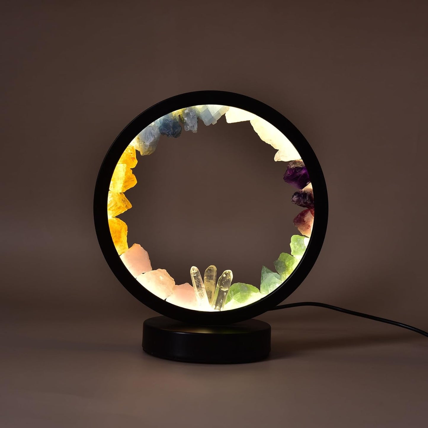 AMOYSTONE Natural Chakra Crystal Night Light with USB, Mixed Stones Round Meditation Lamp with 3-Color Control for Bedroom, Office & Home Decor (Push Button Switch)