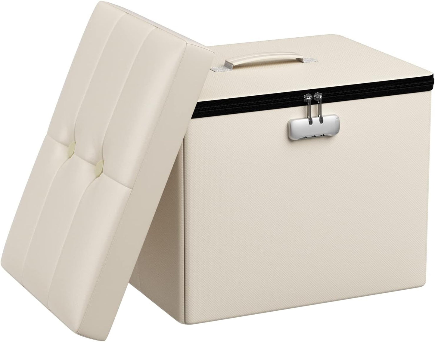Tamfile Small Ottoman with Storage, 17 x 13 x 13 inch Fireproof Safe Folding Ottoman with Lock for Important Documents, Waterproof Foot Rest Stool with Storage, Ottoman Foot Rest with Handle, Beige