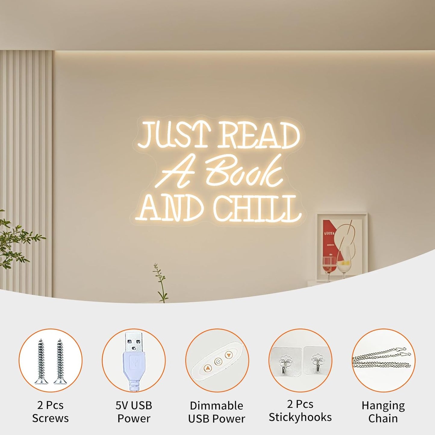 Just Read a Book and Chill White LED Neon Sign - Dimmable USB Wall Art 16.5x10.6 Inches - Reading Room Decor, Study Corner Lighting, Bookstore Cafe Ambiance