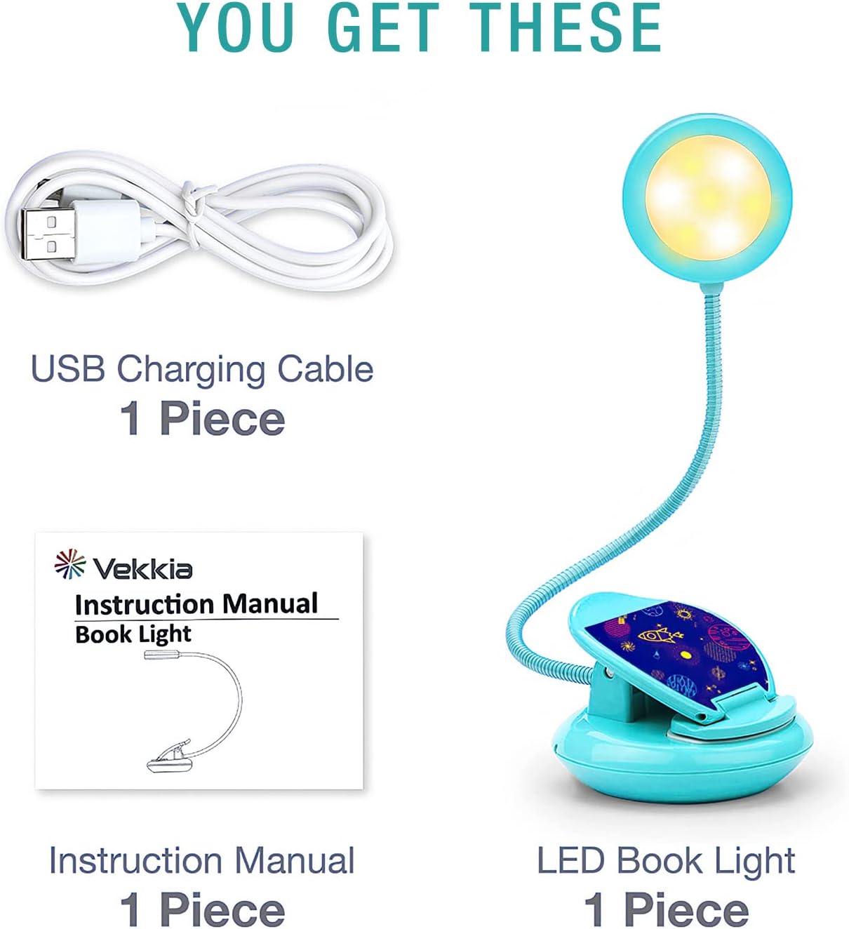 Vekkia Cute Rechargeable Book Light,Eye Caring Reading Light for Kids Clip on, 3 Colors & 3 Brightness, 1.8oz Super Light Weight, Up to 40 Hours Reading. Great Gifts for Kids & Readers (Blue)
