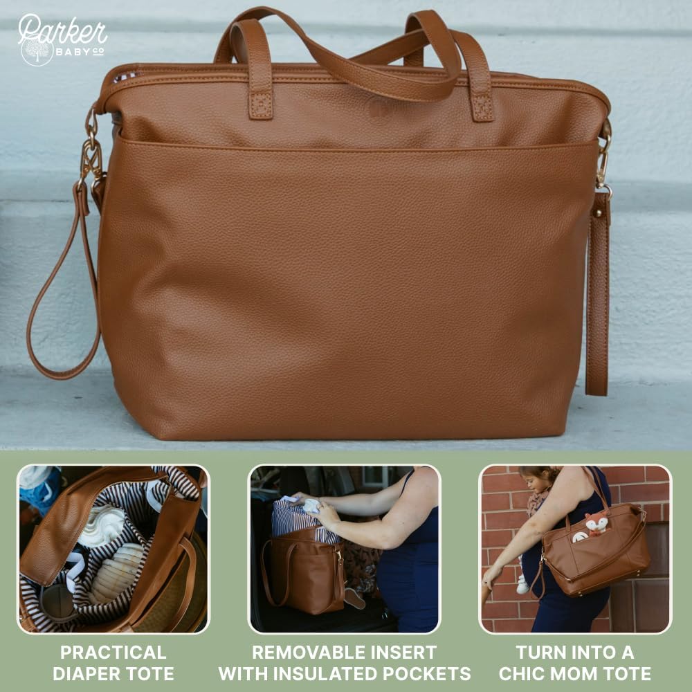 Parker Baby Willow Tote Bag | Stylish Vegan Leather Diaper Bag Tote with Modular Storage & Removable Inserts & Roomy Interior