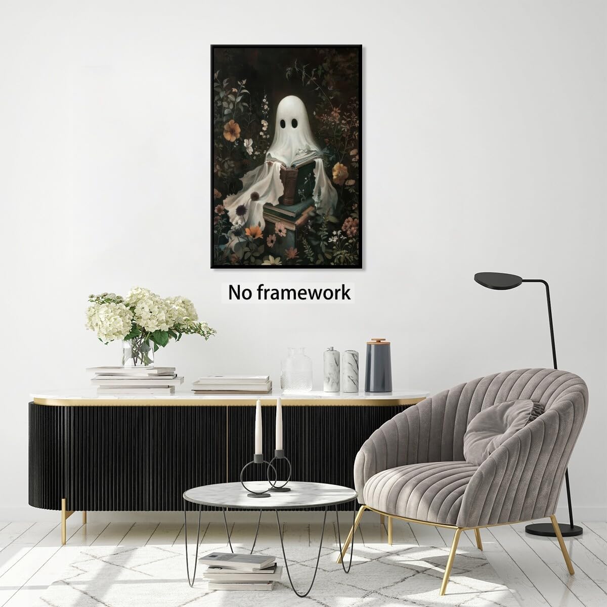 Medpol Vintage ghost wall art horror halloween canvas printed matter cute ghost reading books wall decor dark academia goth cottagecore posters for living room Unframed12x16inch