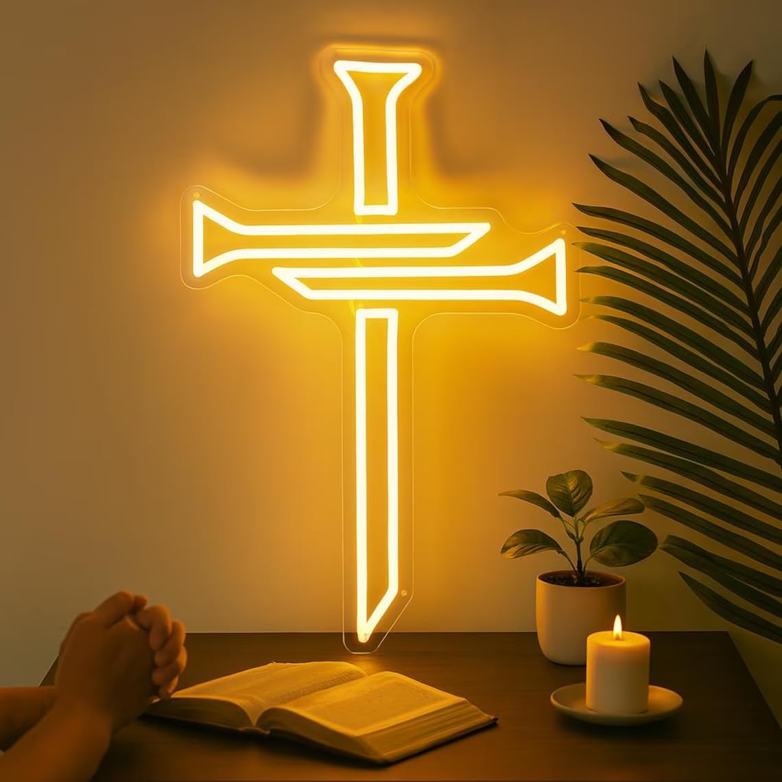 Christian Cross Neon Sign Easter Religious Cross Inspirational Led Light For Christian Home Worship Room Decor Gift Bedroom Room Home, Home Party, Wedding, Easter, New Year Gift-16.5IN-Warm White