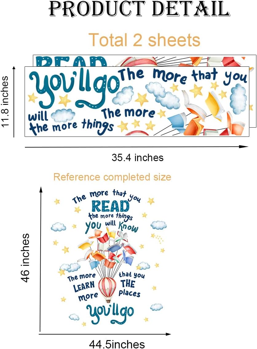 Reading Book Wall Decal,The More That You Read The More Things You Will Know Inspirational Quote Vinyl Wall Stickers, Removable Educational Reading Artwork for Classroom Office Library Decor