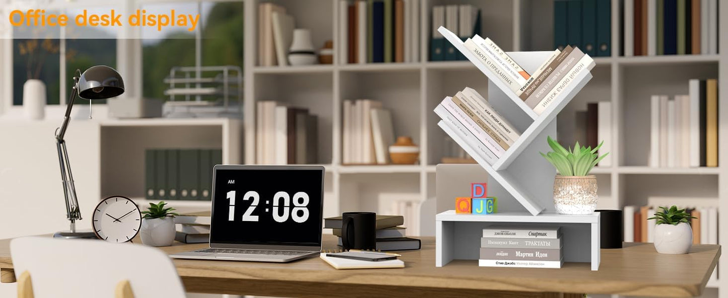 Godferyxin Desktop Bookshelf with Drawer – Compact Book Holder for Small Spaces, White Mini Bookcase for Office, CDs, and Decorative Items, Fits Bedroom Desk