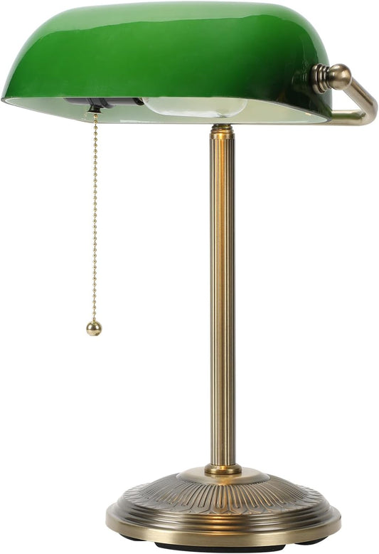 NISSAFORS Bankers Desk Lamp, Green Glass Shade, Vintage Desk Lamp with Pull Chain Switch, Retro Table Lamps for Home Office (Brass+Green, Small)