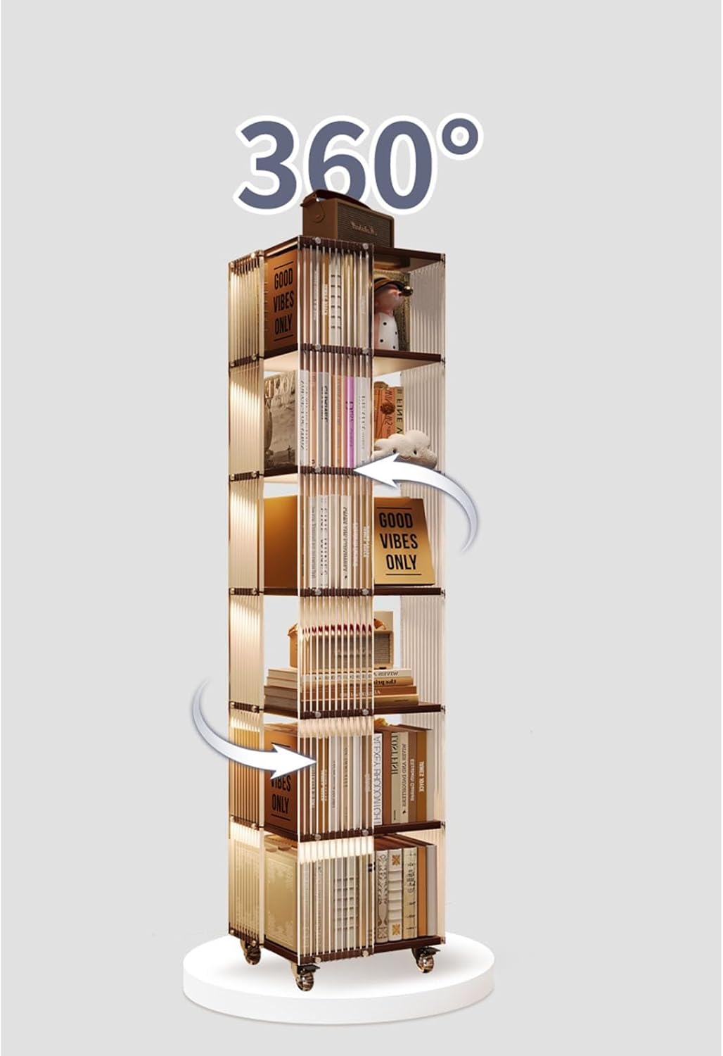 3/4/5/6 Tier Rotating Bookshelf Tower 360° Floor Standing Bookcase Storage Rack 360 Degree Revolving Bookcase Transparent Acrylic Bookshelf Rotating Bookcase With Wheels For Bedroom, Living Room(Fully