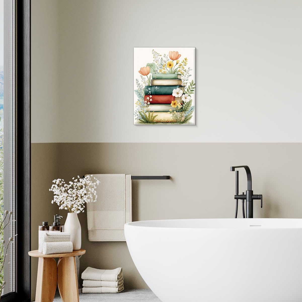 YJIKRTVT Floral and Book Canvas Wall Art, Aesthetic Reading Nook Decor, Botanical Flowers Watercolor Canvas Printing Artwork, Painting Artwork Wall Decor for Living Room Bedroom 8x10 Inches