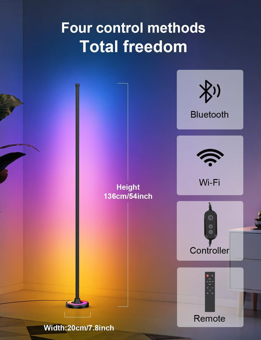APPECK RGBW Corner Floor Lamp with Wi-Fi App Control, 60 Inch Smart Standing Lamps with 114 Scenes, DIY Mode, Music Sync, Modern Standing Lamps for Bedroom, Living Room