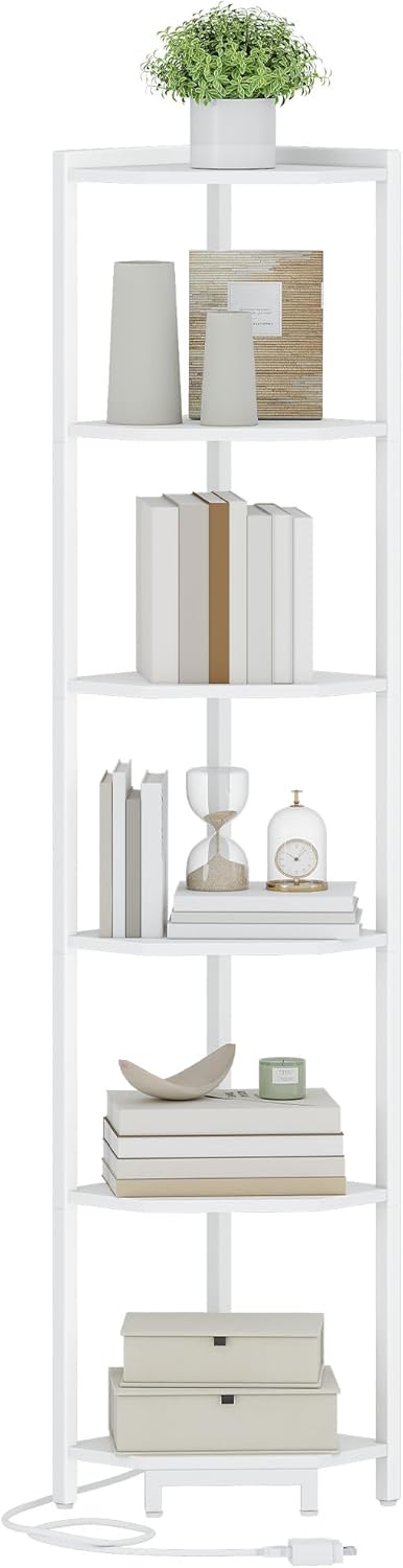 Corner Shelf with LED Light, 6-Tier Corner Bookshelf, Tall Narrow Display Bookcase with Metal Frame, Standing Shelf for Small Space, Living Room, Home Office, Bedroom, White CS66613W