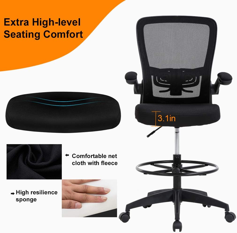 BestOffice Drafting Chair Tall Office Chair Adjustable Height with Lumbar Support Flip Up Arms Footrest Mid Back Task Mesh Desk Chair Computer Chair Drafting Stool for Standing Desk, Black