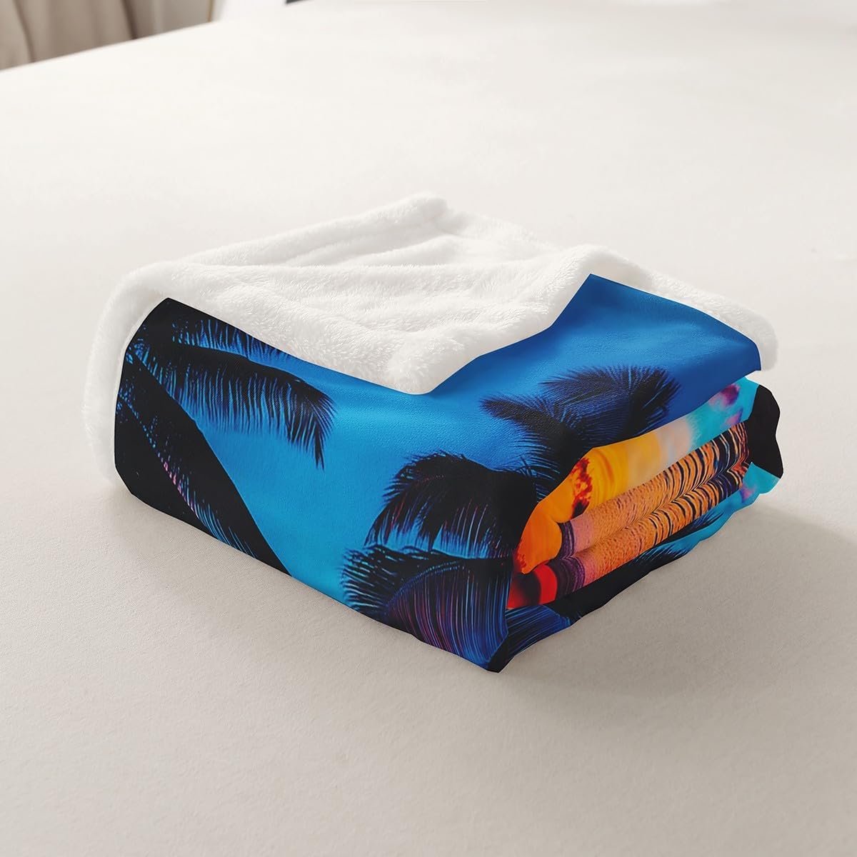 Ocean Beach Themed Sherpa Blanket,Tropical Sunset Beach with Palm Trees Plush Blanket,Peaceful Sea Marine Palm Tree Fleece Throw Blanket Bright Hawaii Style Fuzzy Blanket Twin 60"x80"
