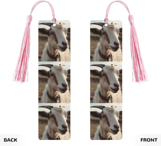 Goat on Hillside Bookmarks Gifts for Women Men, Wooden Bookmarks for Book Lovers, Vintage Book Marks Ornaments with Tassel, Unique Personalized Reading Page Markers Pink
