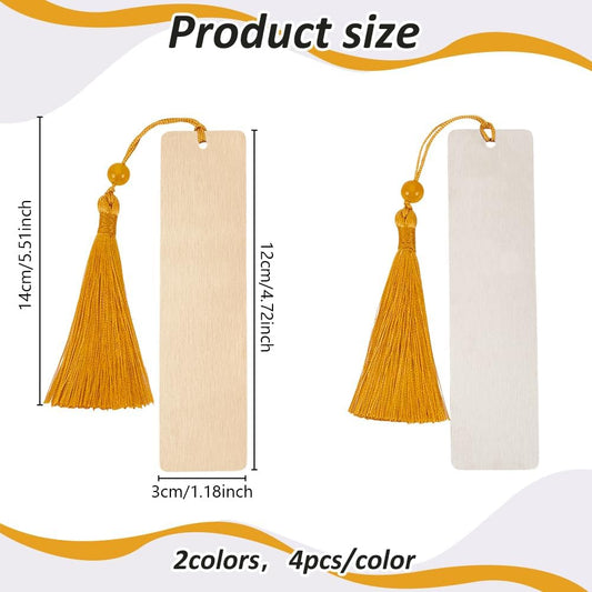 WEBEEDY 8 PCS Blank Metal Bookmark with Tassel Stainless Steel Brass Bookmark for Engraving DIY Metal Tassel Bookmarks Unique Book Accessories Reading Book Lovers Teachers Bookish Gifts(Gold,Silver)