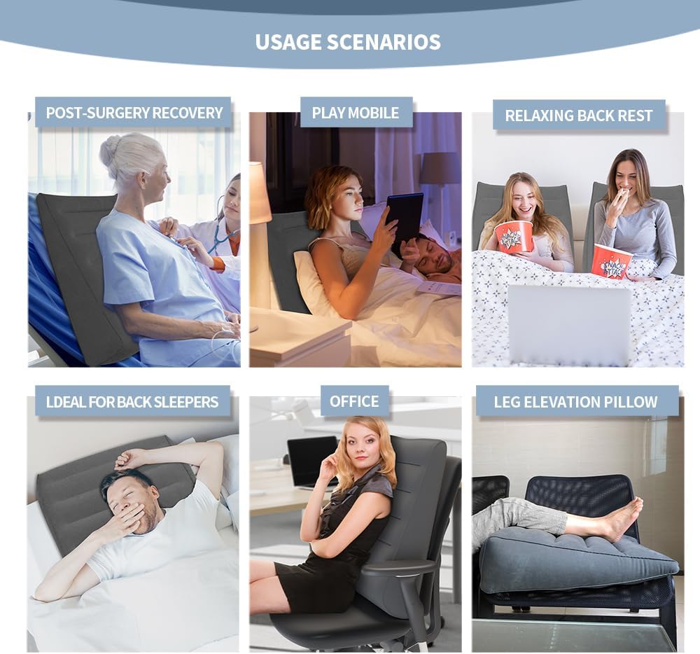 Inflatable Wedge Pillow for Travel and Home, Portable Bed Wedge for Back Support and Leg Elevation, Lightweight Triangle Pillow for Sleeping, Reading, and Camping, 22.4x22.83x7.48 Inches, Gray