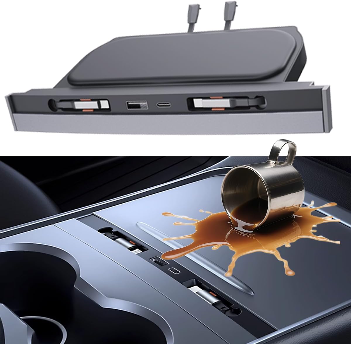 USB Docking Hub for Tesla Model 3/Y Waterproof - Fast Charger for Model Y/3 Accessories 2024 2023 2022 2021 4Ports Retractable Docking Station, 2 Type-C Fast Charging Cables (Not Fit Model 3 2024)