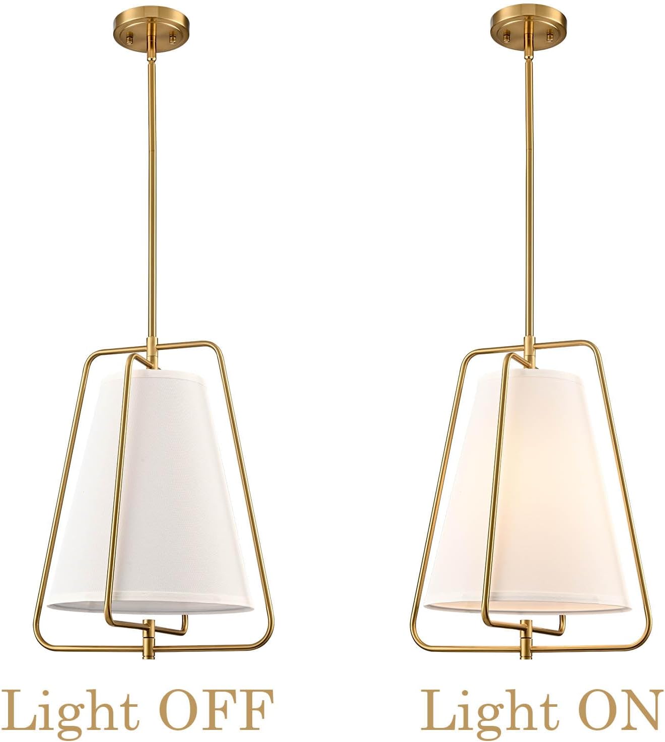 HYDELITE Vintage Gold Pendant Light with White Linen Fabric Adjustable Height Chandelier Brass for Living Room,Dining Room,Kitchen Island,Hallway