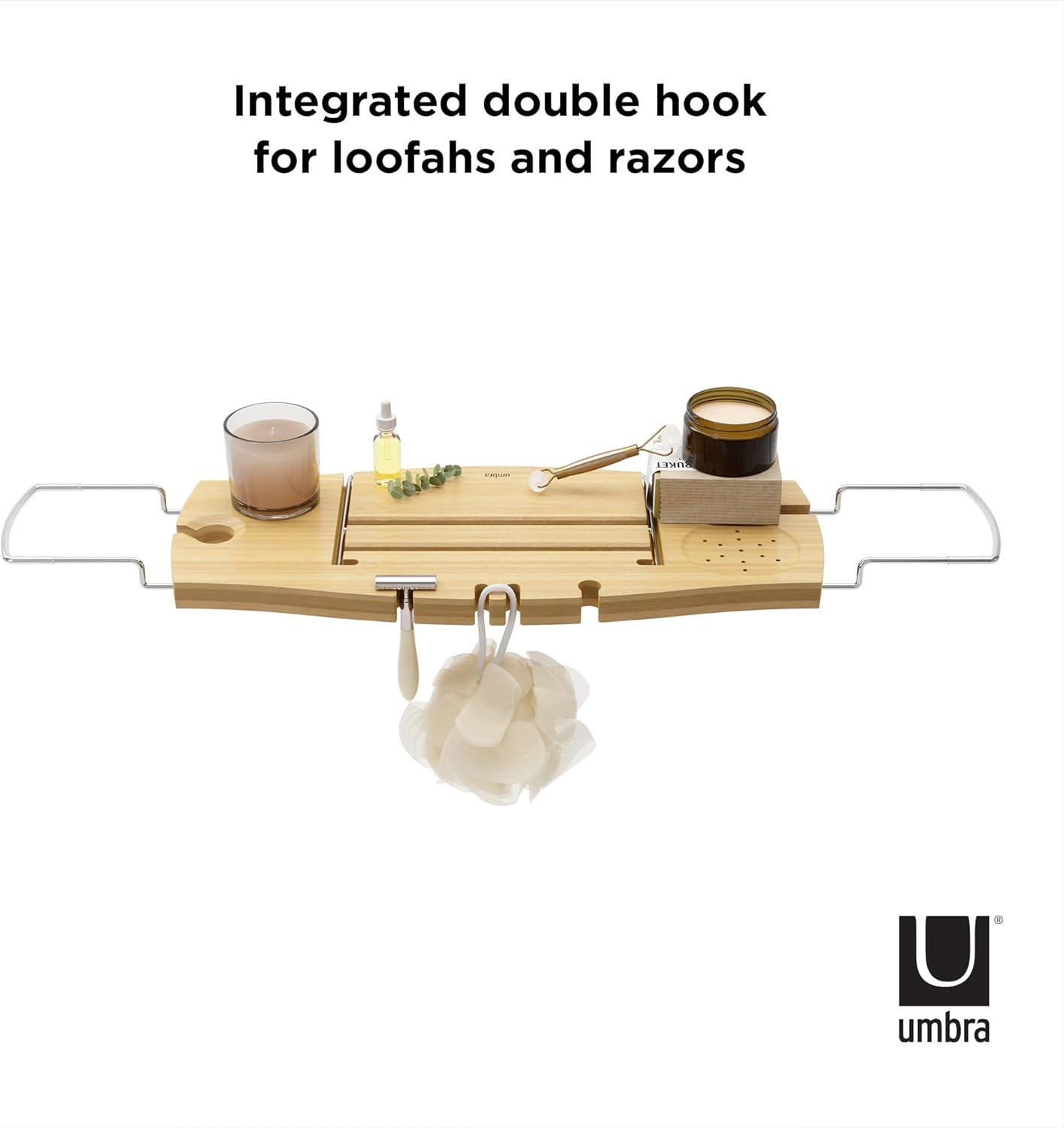 Umbra Aquala Bathtub Tray Extendable Caddy with Book Stand and Wine Glass Holder, Natural