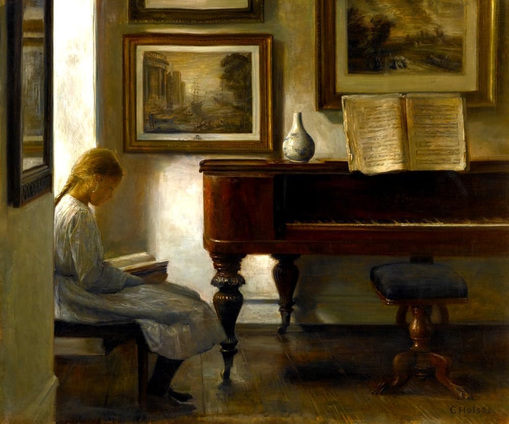 Girl in an Interior with Piano Reading a Book 1900 Danish Painting By Carl Holsoe 20"X24" Image Size on CANVAS Fine Art Print Poster Shipped Rolled-up