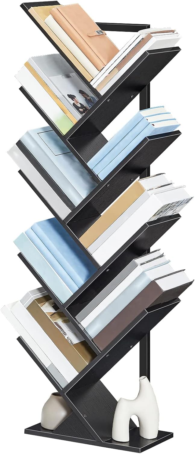 HOOBRO Tree Bookshelf, 9-Tier Bookcase Wooden Shelves, Floor Standing Storage Rack, for Display of CDs, Books in Living Room, Home Office, Wood Storage Rack for Bedroom, Black BB08SJ01G1