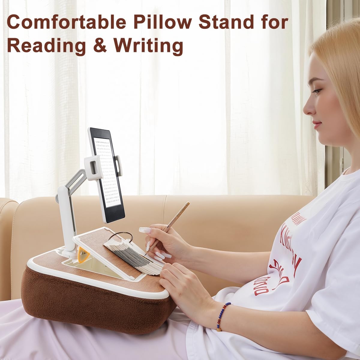 Tablet Pillow Stand with Snack Bowl, 360° Rotating Laptop Lap Desk for 4.7-13" Kindle/Tablet/Phone, 11-15" Laptop, Pillow Kindle Holder for Hands-Free Reading in Bed, Couch,Floor Etc-Wood Grain