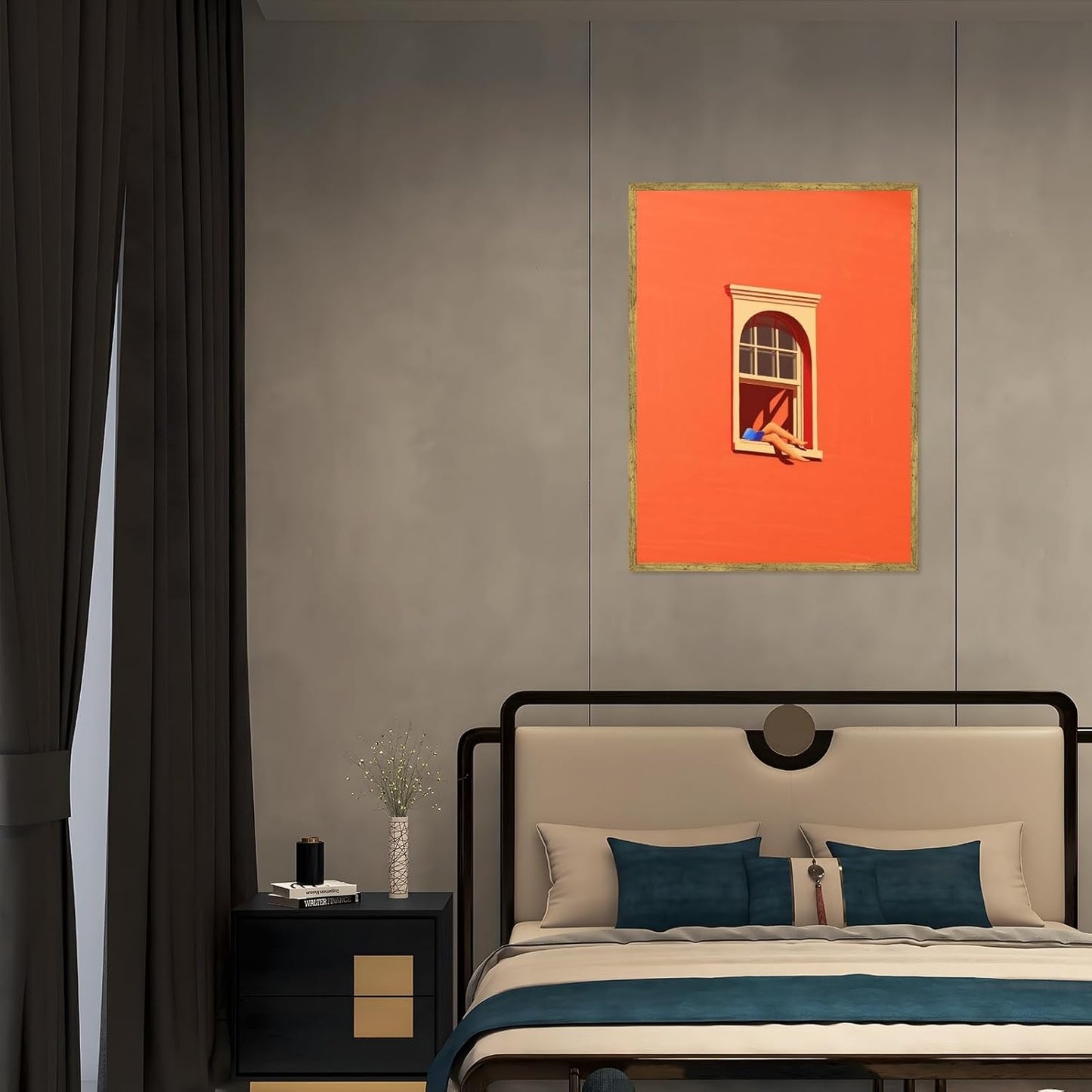 Sunny Reading Nook Poster Dopamine Wall Art Reading Corner Wall Decor Bold Orange Canvas Print For Living Room Bedroom Office 12x16inch Golden frame