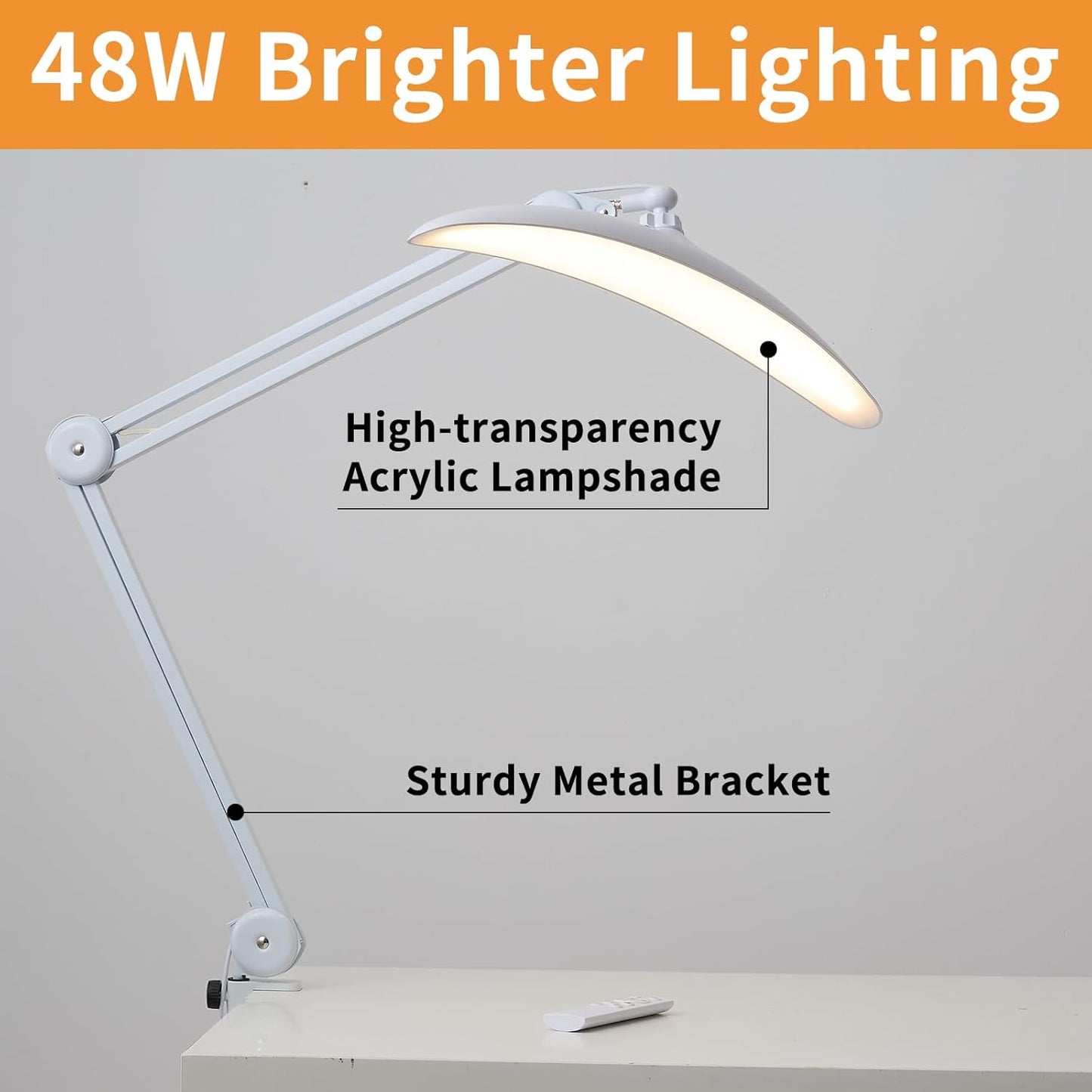 Upgraded 22" LED Desk Lamp with Clamp, 48W CCT Dimmable Home Office Lighting, Remote & Touch Control Swing Arm Task Light for Reading, Study, Drafting, Nail Art & Crafts, White