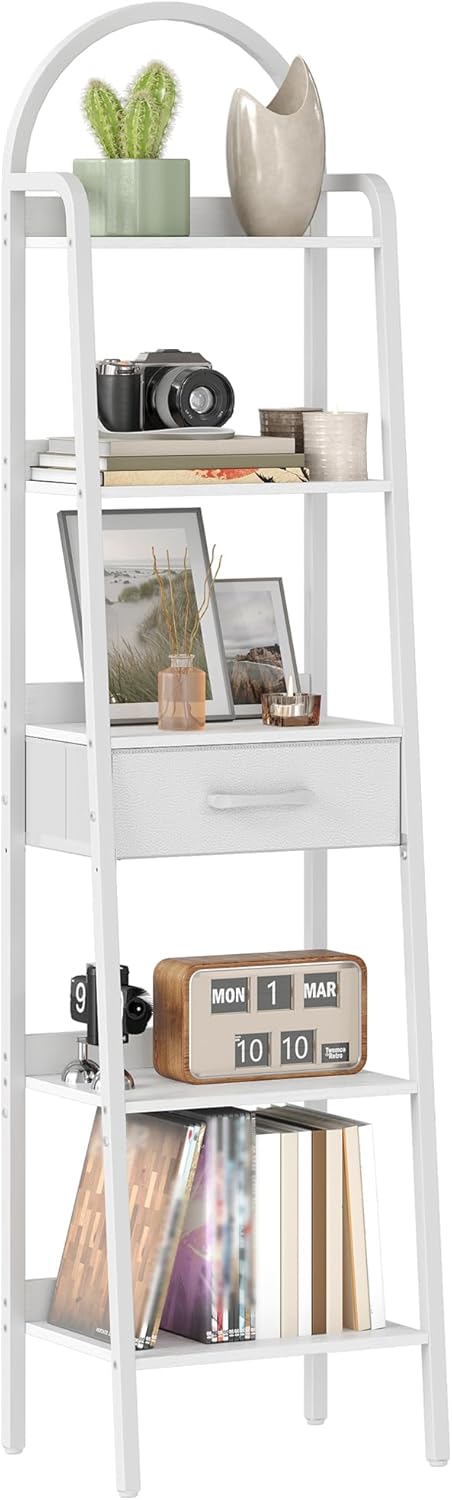 5 Tier Ladder Shelf with Drawer, Tall Ladder Bookshelf, Standing Bookcase with Metal Frame for Living Room, Bathroom, Home Office, Study, Balcony, White TCJ07WB