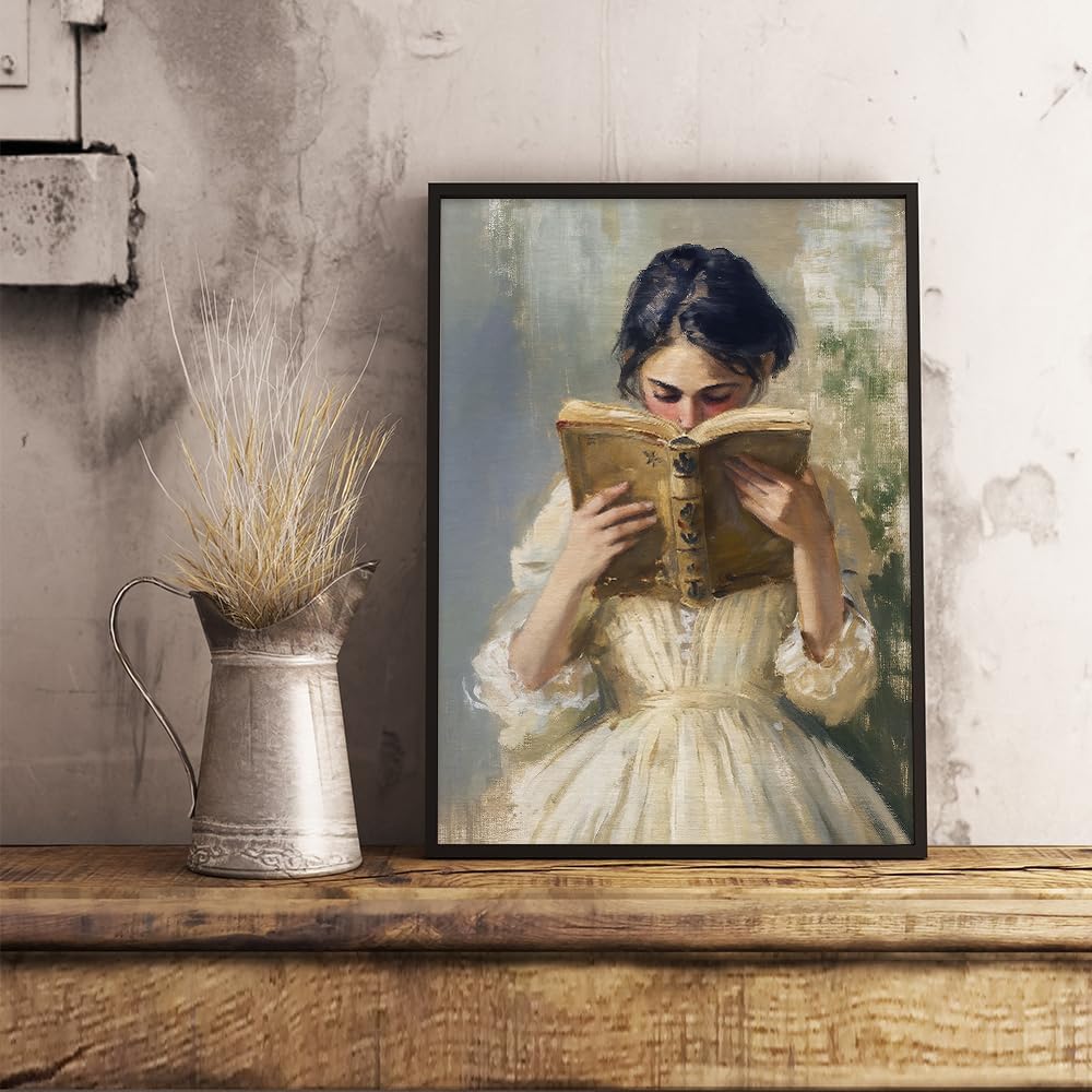 Heltrappe Victorian Bookish Women Portrait Oil Painting Aesthetic Reading Poster Vintage Woman Read Book Canvas Wall Art Rustic library Picture for Girls Bedroom Nursery 08x10in Unframed