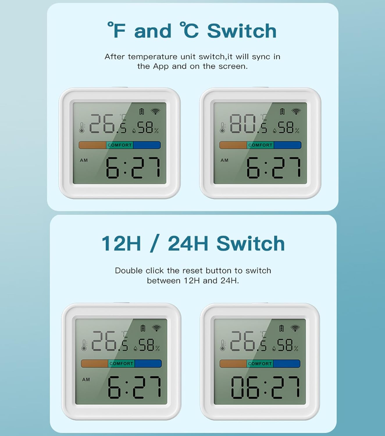WiFi Thermometer Hygrometer: Smart Temperature Humidity Monitor with App Notification Alert, Free Data Storage Export, Accurate with Calibration, Backlight, Air Comfort Indicator, Battery Included