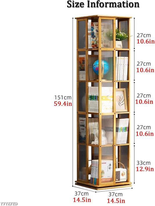 YVYKFZD Rotating Bookshelf Tower, 360° Revolving Bookcase, Bamboo Narrow Display Storage Rack, Floor Standing Corner Book Shelf Organizer, for Small Space, Home/Office/Study(Wood,5 Tier 14.5x14.5x59.4