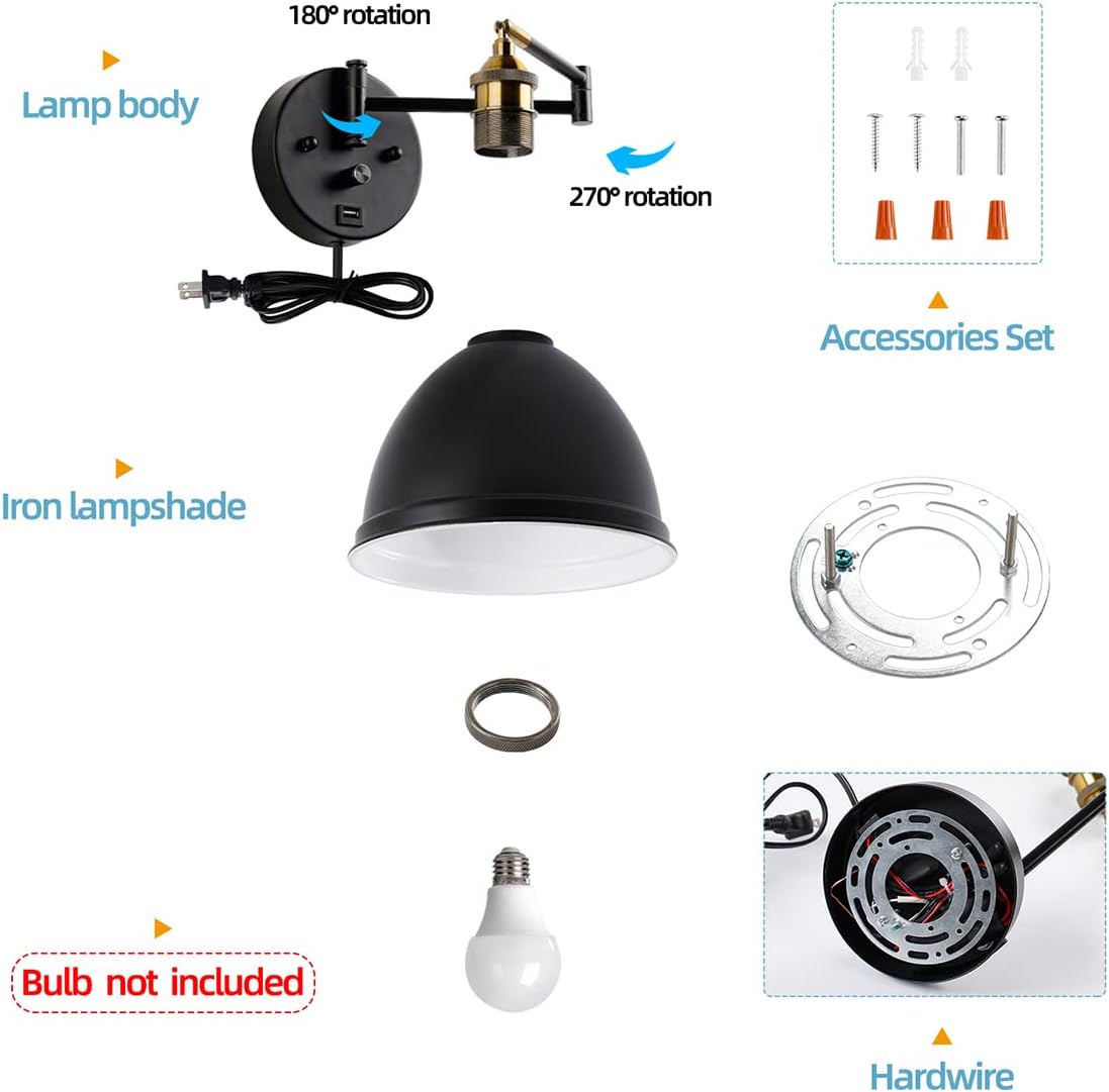Swing Arm Wall Sconces, Plug-in Wall lamp,Bedroom Wall lamp , White Fabric Shade,,with dimmable Switch and USB Charging Port, Suitable for Bedside, Living Room, Reading (Metallic Black)