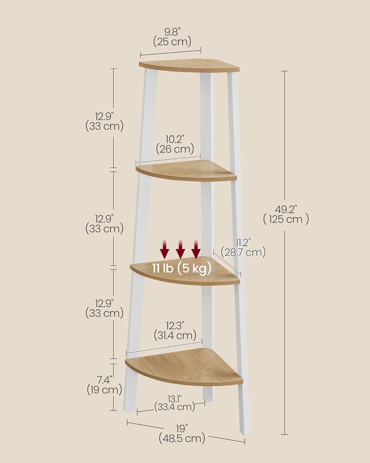 VASAGLE Corner Shelf Stand, 4-Tier Corner Bookshelf, Industrial Ladder Shelf, Plant Stand for Living Room, Office, Kitchen, Natural Oak and Matte White ULLS034Y70