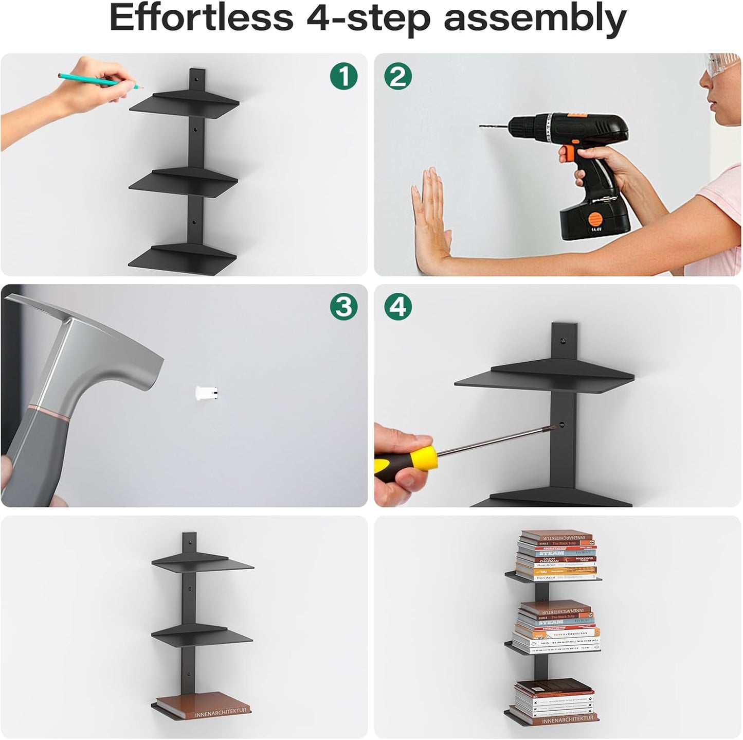 Invisible Floating Bookshelf for Wall Mounted, 2 Pack Black Spine Book Tower, 6 Tier Vertical Book Organizers, Heavy Duty Floating Book Shelves – No Assembly Required, for Office, Bedroom, Kids Room