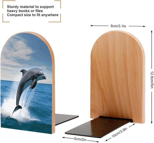 Jumping Up Dolphins Bookends 1 Pair Heavy Duty Book Ends for Shelves Non-Skid Bookend Supports Wooden Book Holders with Metal Base Desk Organizers Books Storage to Hold Books
