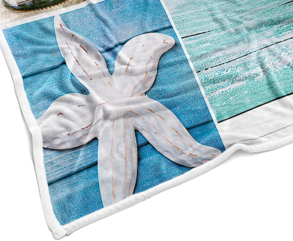 Nautical Throw Blanket for Couch/Bed, Ocean Beach Blanket, Cozy Super Warm Soft Microfiber Fuzzy Flannel Blanket for Kids Girls Boys, Starfish Seashel
