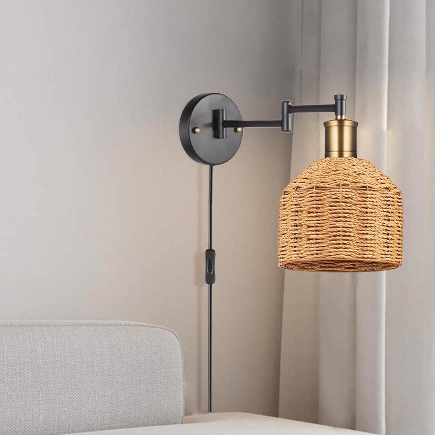 Plug in Wall Sconces, Swing Arm Wall Lamp with Natural Paper String Lampshade Set of 2, Bronze Head, Vintage Adjustable Wall Mounted Sconce Wall Light Fixture for Bedroom,Bedside,Kitchen,Living Room