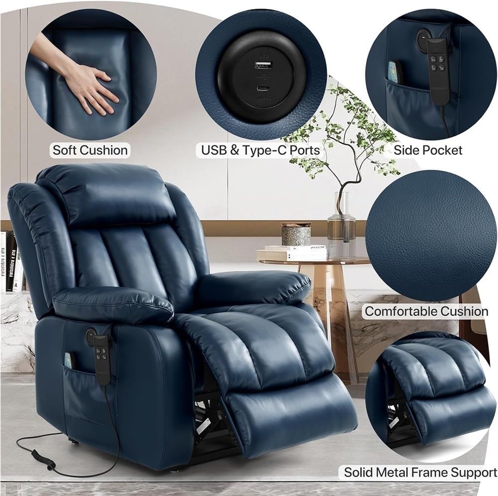 Large Power Lift Recliner Chair for Seniors Dual Motor Infinite Position Adjustable Electric Lounge Massage Heating Breathable Leather Comfortable Dark Blue Living Room Chair