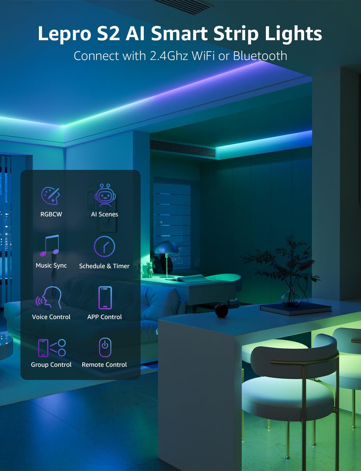 Lepro S2 AI Smart LED Strip Lights - 16.4ft RGBCW Light Strips with 2700K-5700K Tunable Warm White, Color Segment DIY, Personalized Al Lighting Designer, APP Control(No Remote), 2.4G Wi-Fi & Bluetooth