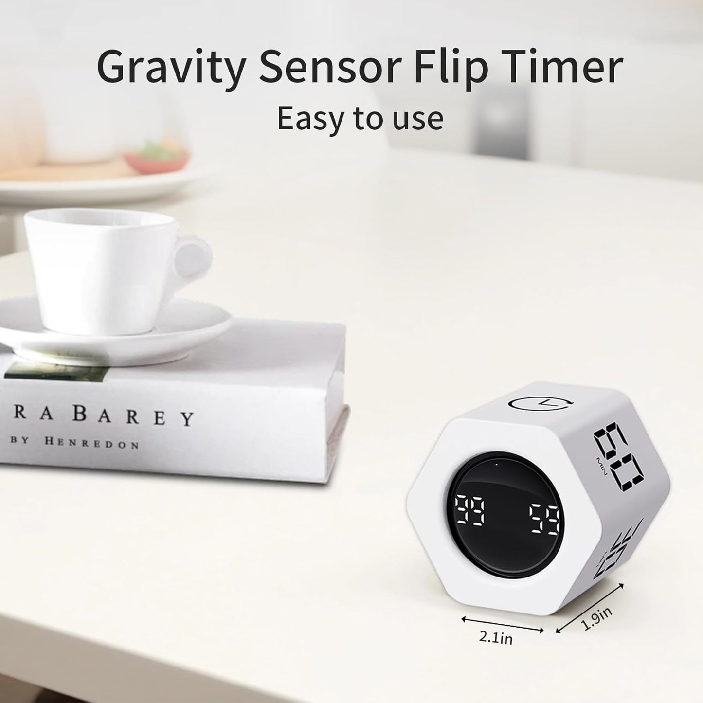 Productivity Timer Flip Gravity Sensor Pomodoro Cube Timer Countdown & Countup,1/5/10/30/60min Preset & Custom Timing, Mute/Vibrate/Sound for ADHD,Work,Study,Kitchen(1, White Hexagon)