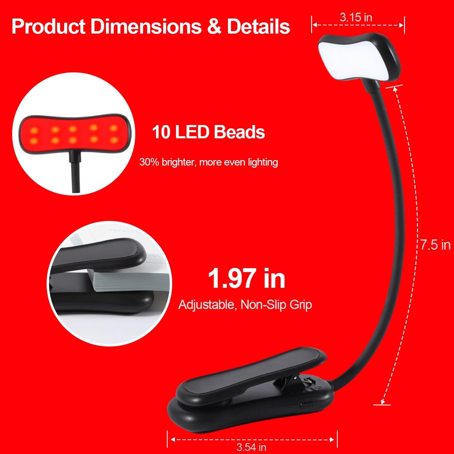 630nm Red Book Light - Zero Blue Light, Rechargeable Clip On Red Reading Light for Reading at Night, Poratble Dimmable LED Book Lamp, Perfect for Travel Nursing Studying