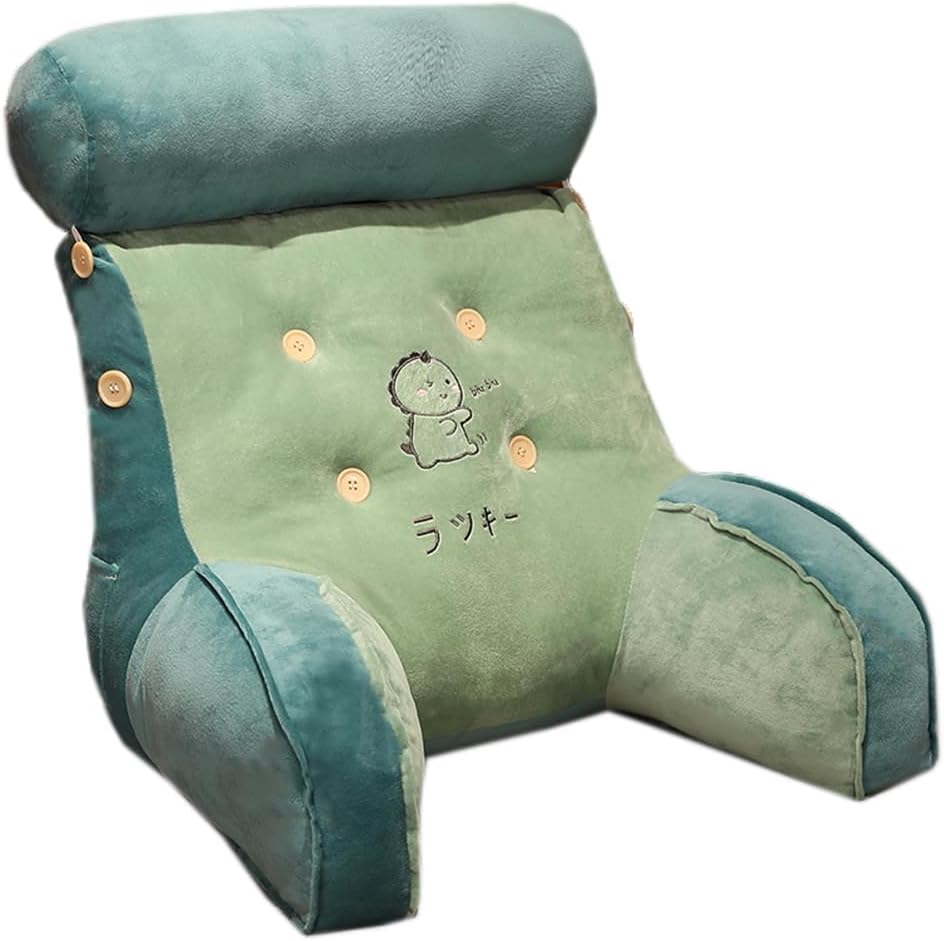 Tingting's Dream Cartoon Plush Bed Rest Reading Pillow Office Chair Sedentary Waist Back Cushion Sofa Backrest Lumbar Pillow (Green Dinosaur, 60×55CM/23.6"×21.65")