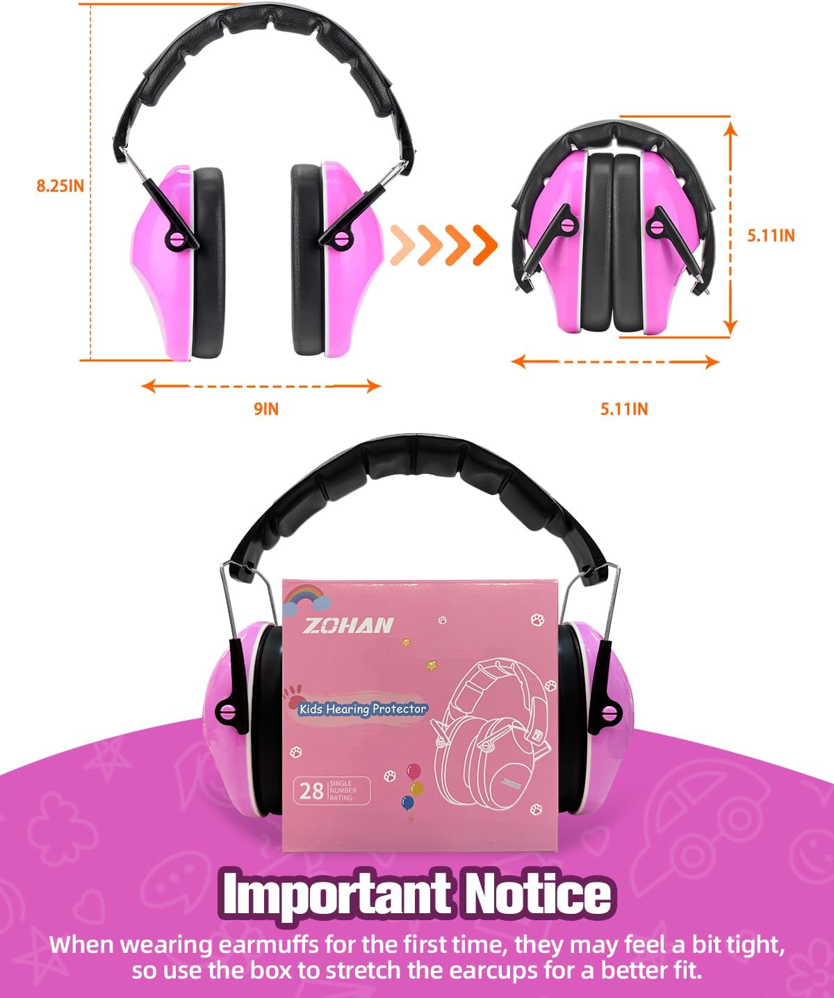 ZOHAN 032 Kids Noise Canceling Headphones - 25dB NRR Kids Ear Protection Earmuffs for School, Monster Jam, Fireworks, Travel, Air Show, Concert, Autism - Pink
