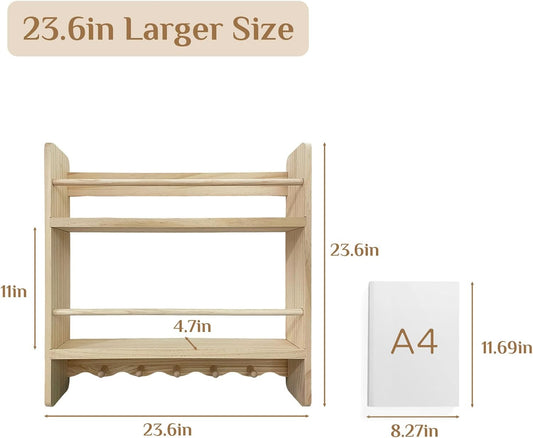 Large Nursery Bookshelf for Wall: 23.6inch 2-Tier Floating Book Shelves for Kids Toddlers Bedroom Solid Pine Wood Storage Organizer with Ledge Hooks Bar (Natural)