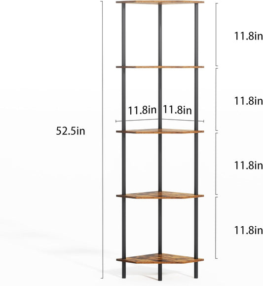 Corner Shelf Stand, Storage Standing Shelf Unit with Metal Frame, Narrow Bookshelf with LED Light Brown Plant Display Stand, Multi Unit Organizer Corner Cabinet for Bedroom, Living Room (5 Tier)