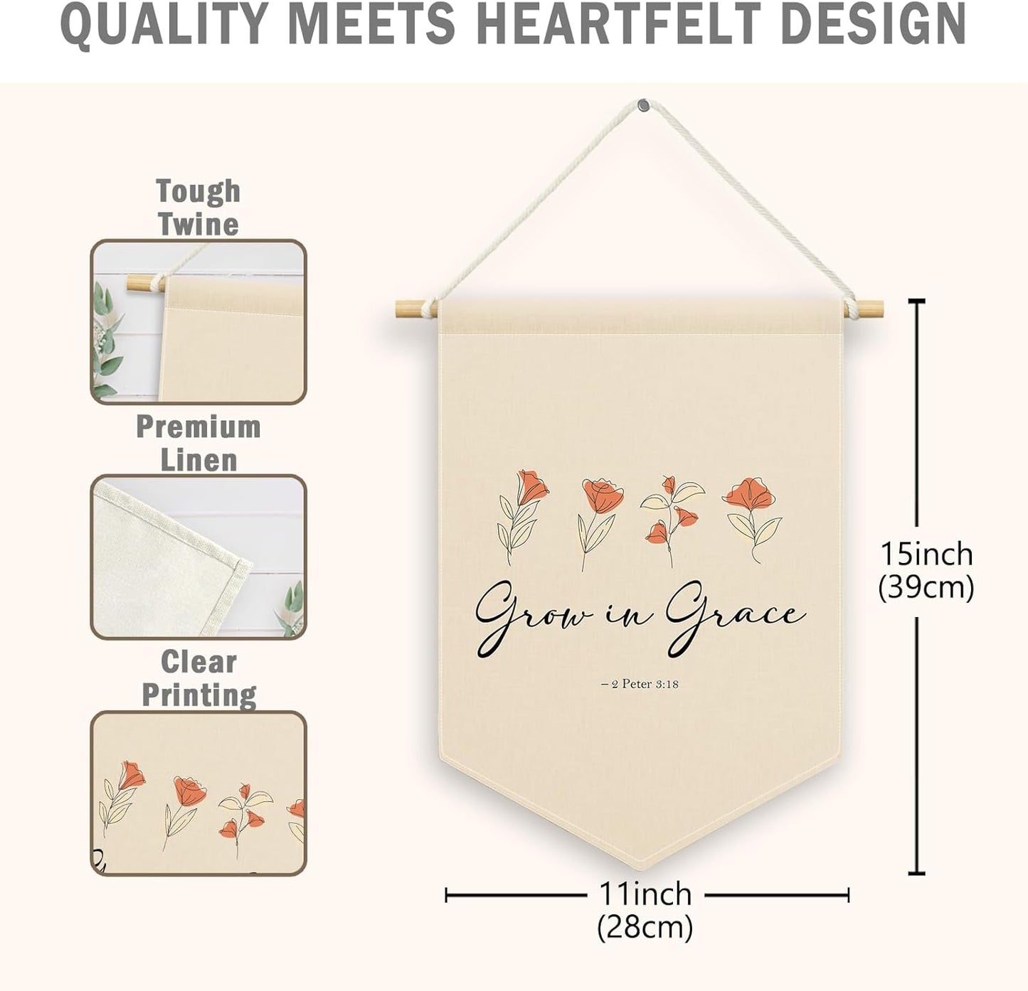 Nursery Christian Floral Banner Canvas, Grow in Grace Baby Kids Room Decor, Beige Pennant Flag Sign Hanging, Inspirational Wall Art Gifts for Toddler Room Baby Shower Playroom Decor 11x15in