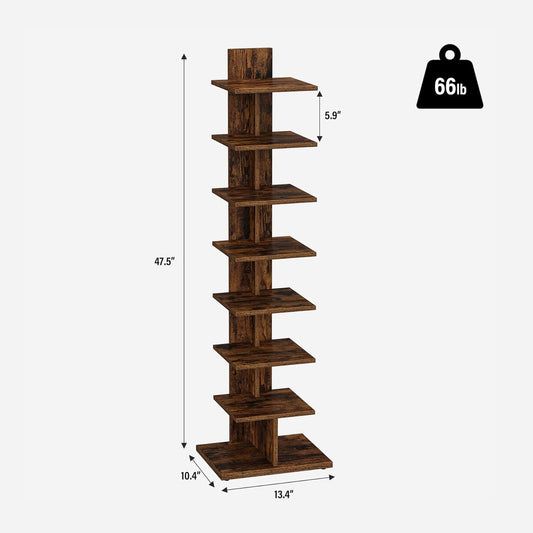 TUTOTAK Narrow Bookshelf, 8-Tier Bookcase, Spine Book Shelf for Small Space, Corner Standing Shelf for Living Room, Office, Study, Entryway, Rustic Brown BS06BB008